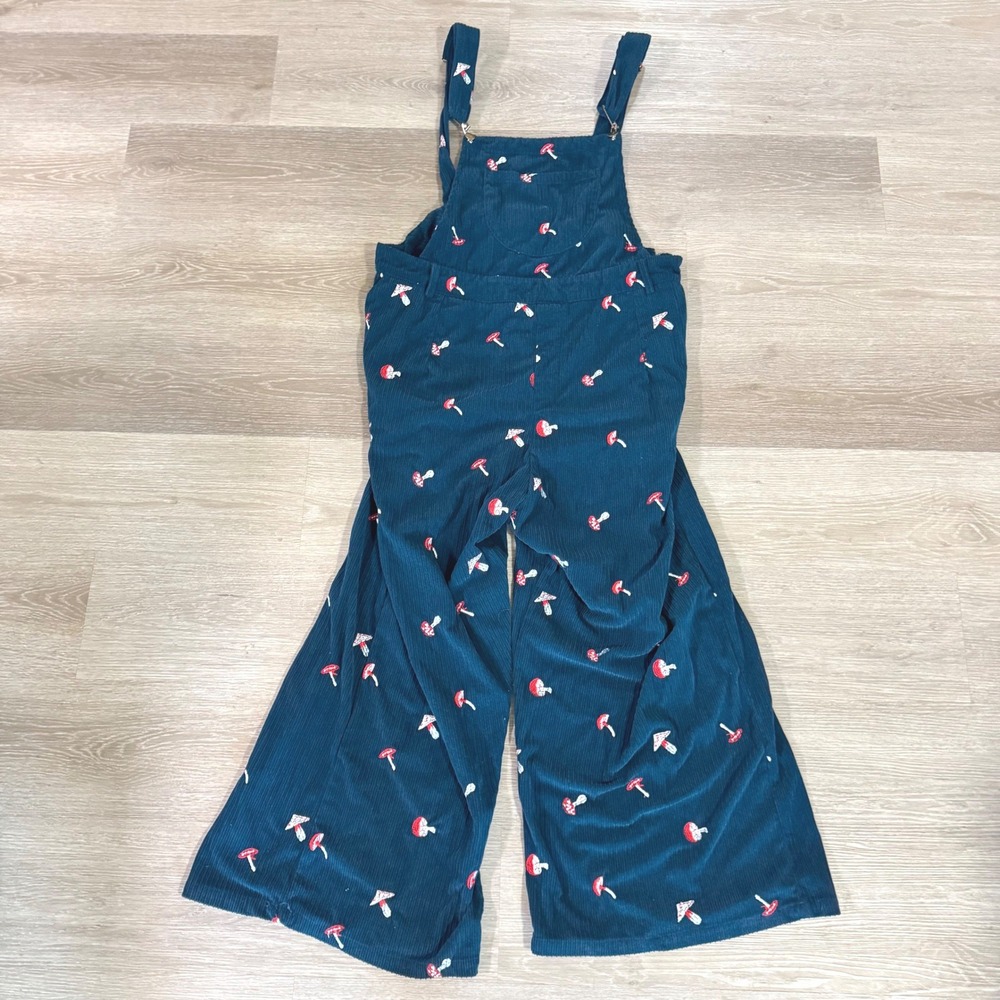 Cider Overalls Women 2XL Blue Mushroom Embroidered Corduroy Wide Leg Jumpsuit